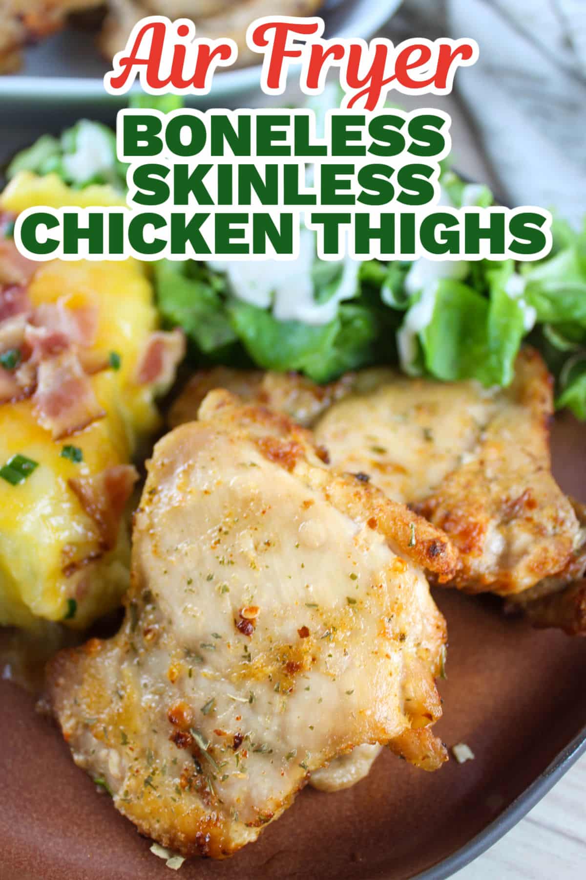 Air Fryer Boneless Skinless Chicken Thighs are a quick meal perfect for any weeknight! These juicy and tender chicken thighs are perfectly cooked in the air fryer in just 15 minutes. via @foodhussy