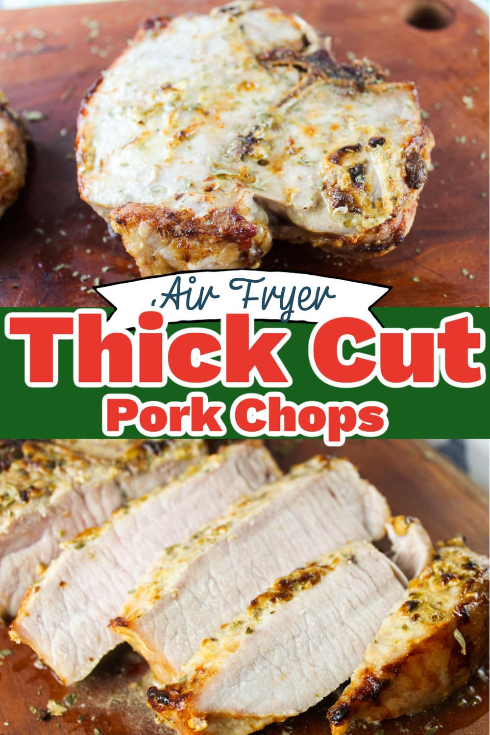 Thick Cut Pork Chops are juicy and full of flavor when you make them in the air fryer! And you can go from fridge to plate in just 20 minutes!  via @foodhussy