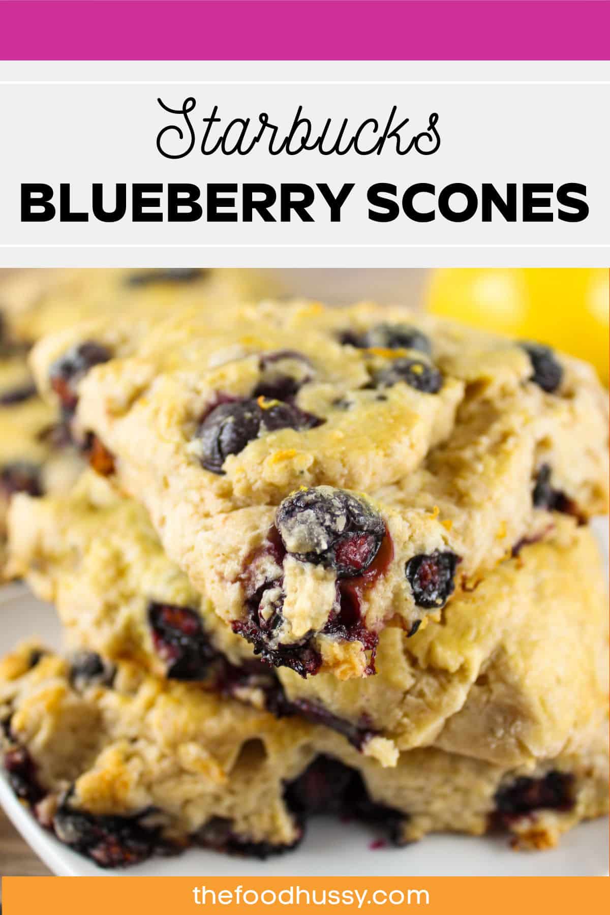 Copycat Starbucks Blueberry Scones are going to be your brunch favorite! They're soft and flaky on the inside with a little golden crunch on the outside. You'll love the pop from the fresh blueberries and the freshness from the lemon zest! via @foodhussy