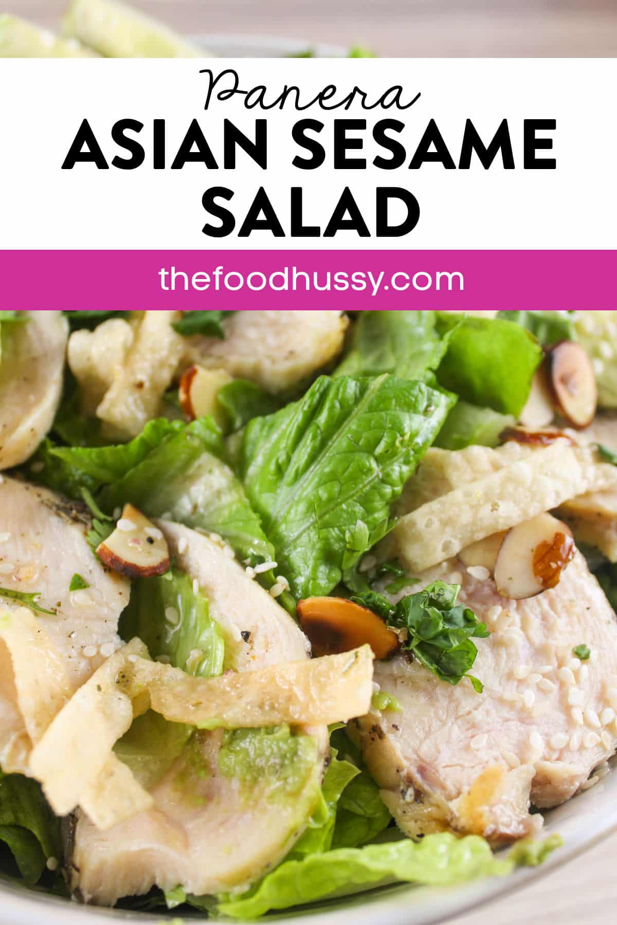 This Asian Sesame Salad from Panera is one of my favorite salads on their menu and it's so easy to make at home! Juicy slices of chicken, crunchy romaine lettuce, fresh cilantro, toasted almonds, sesame seeds and wonton strips (what a crunch!) tossed in a delicious and sweet Asian sesame vinaigrette. via @foodhussy