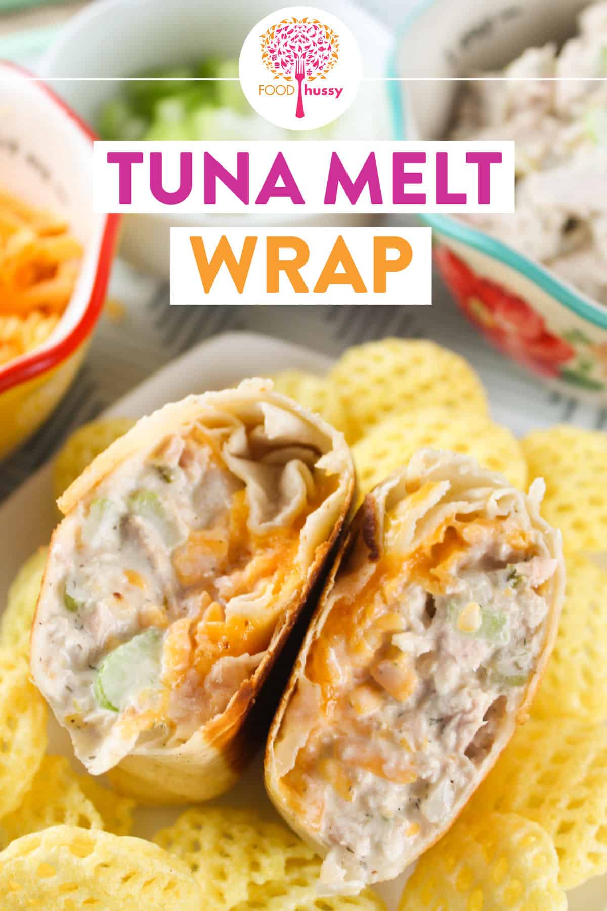 These Tuna Melt Wraps combine a delicious light and crunchy tuna salad with melty cheddar cheese to make a quick yummy lunch!  via @foodhussy