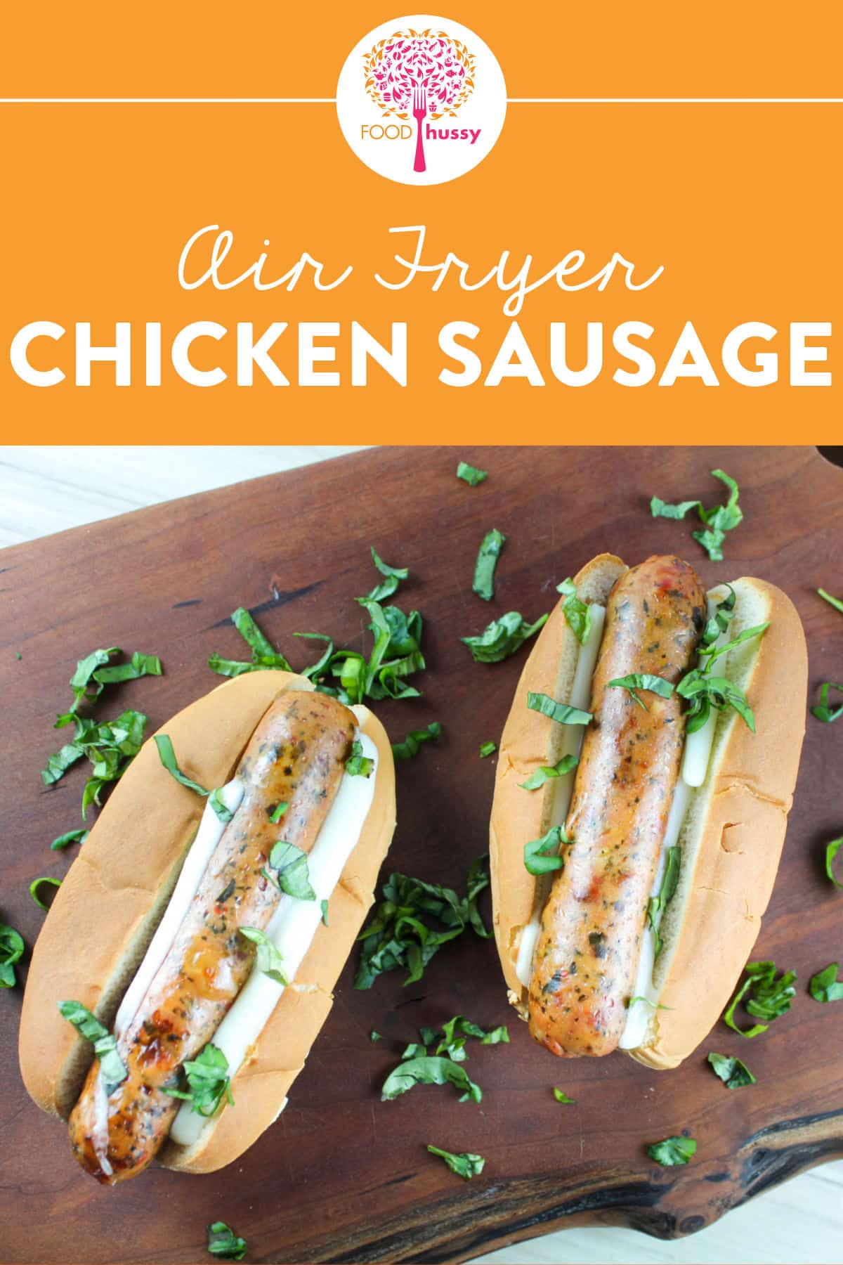 Air Fryer Chicken Sausages are a quick and easy dinner and the air fryer makes it perfect every time!  Chicken sausage is great on a bun, over pasta with veggies or even in a stir fry! via @foodhussy