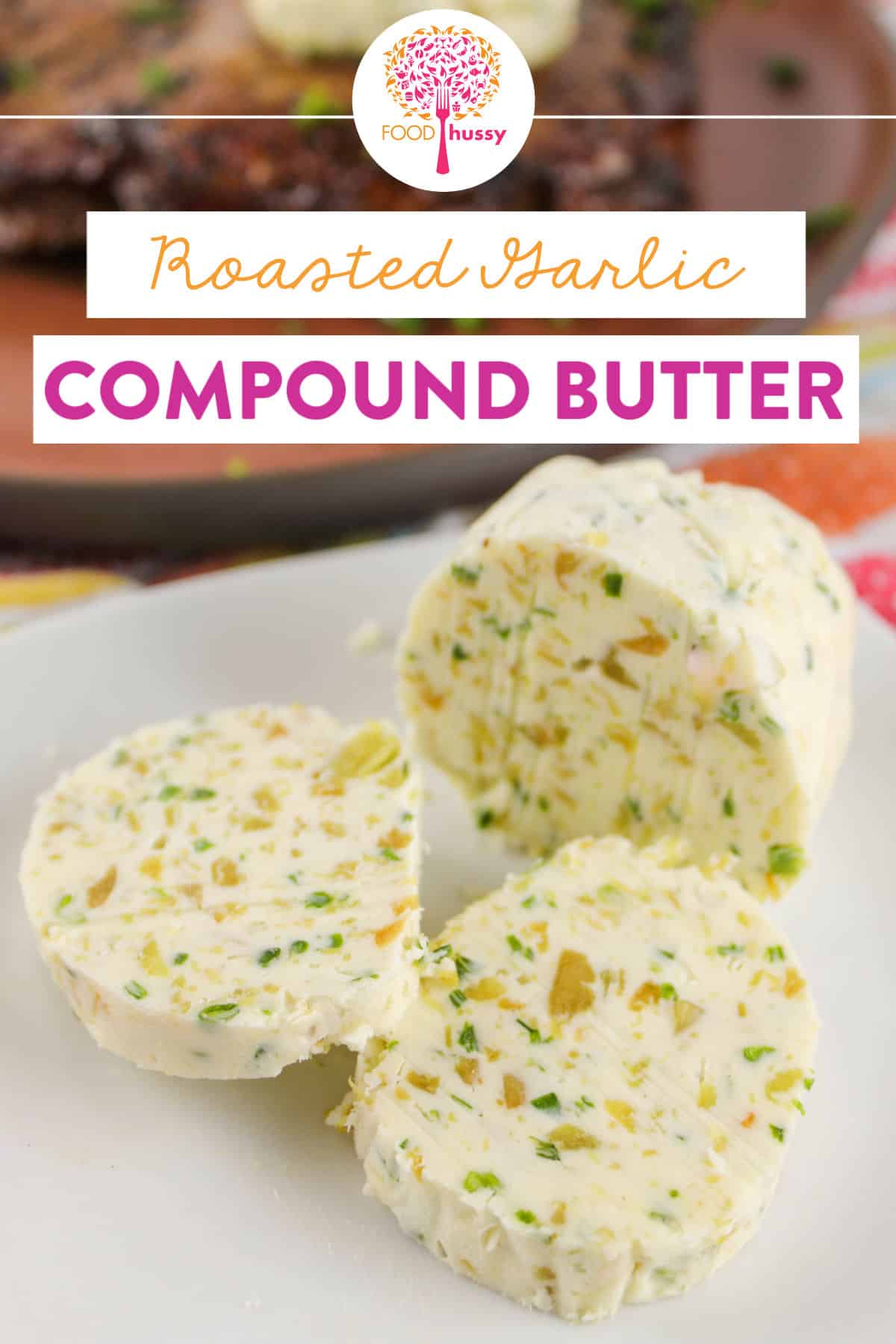 This Roasted Garlic Compound Butter is a delicious way to jazz up steaks, vegetables, garlic bread and more! It's a blend of butter, roasted garlic and fresh chives. So delicious! via @foodhussy