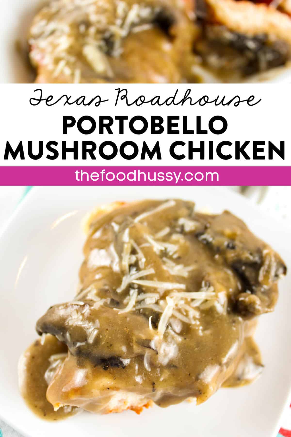 Texas Roadhouse Portobello Mushroom Chicken is my favorite chicken dish! Grilled chicken topped with Monterrey Jack and Parmesan Cheese and then smothered in a made-from-scratch portobello mushroom gravy! via @foodhussy
