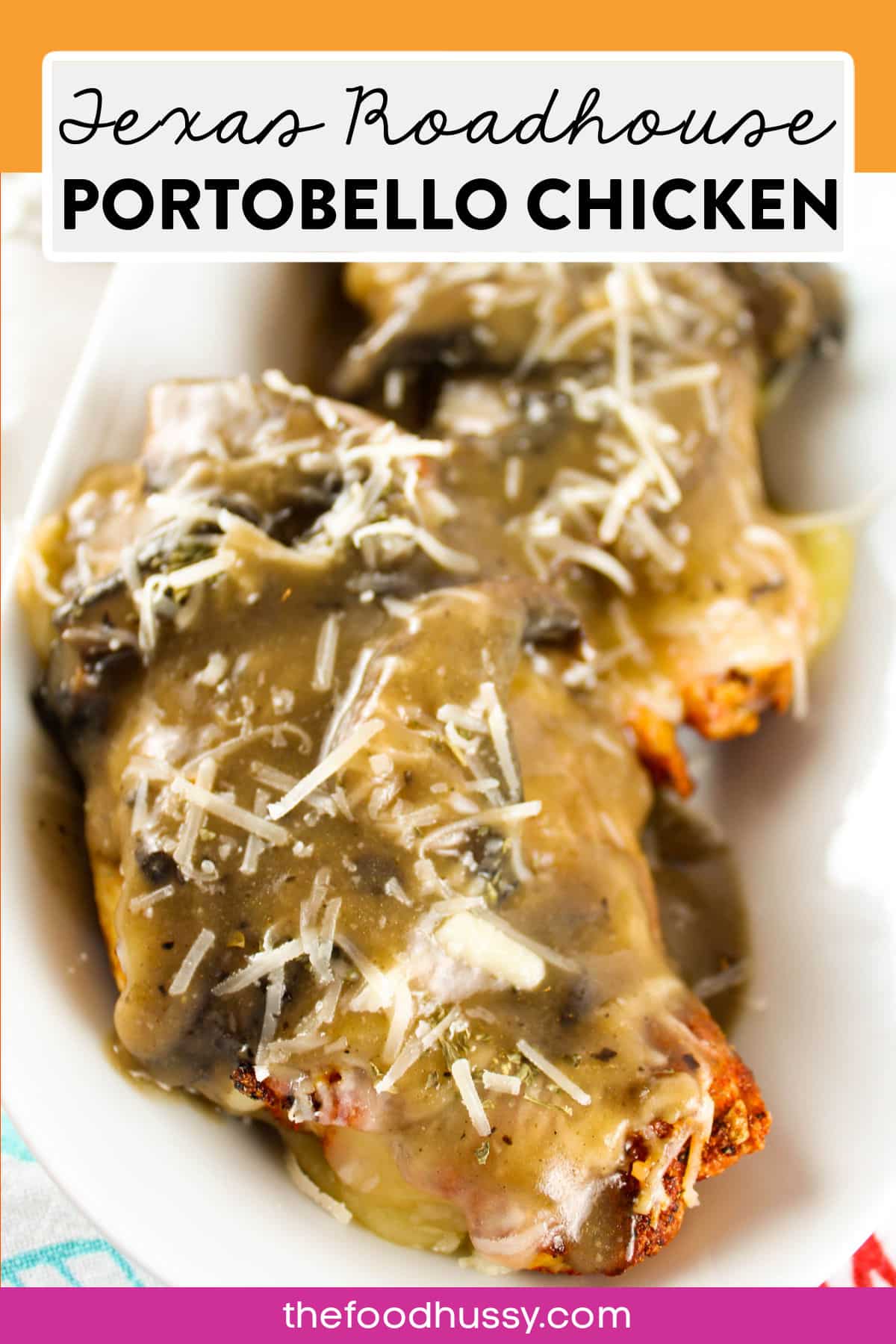 Texas Roadhouse Portobello Mushroom Chicken is my favorite chicken dish! Grilled chicken topped with Monterrey Jack and Parmesan Cheese and then smothered in a made-from-scratch portobello mushroom gravy! via @foodhussy
