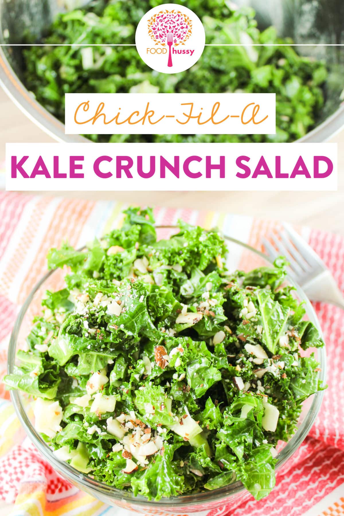 This copycat recipe for the Chick-fil-A Kale Crunch Salad is spot on with all of the flavors! Full of kale & cabbage in an apple dijon vinaigrette and topped with toasted almonds - it's a great side dish for any meal! via @foodhussy