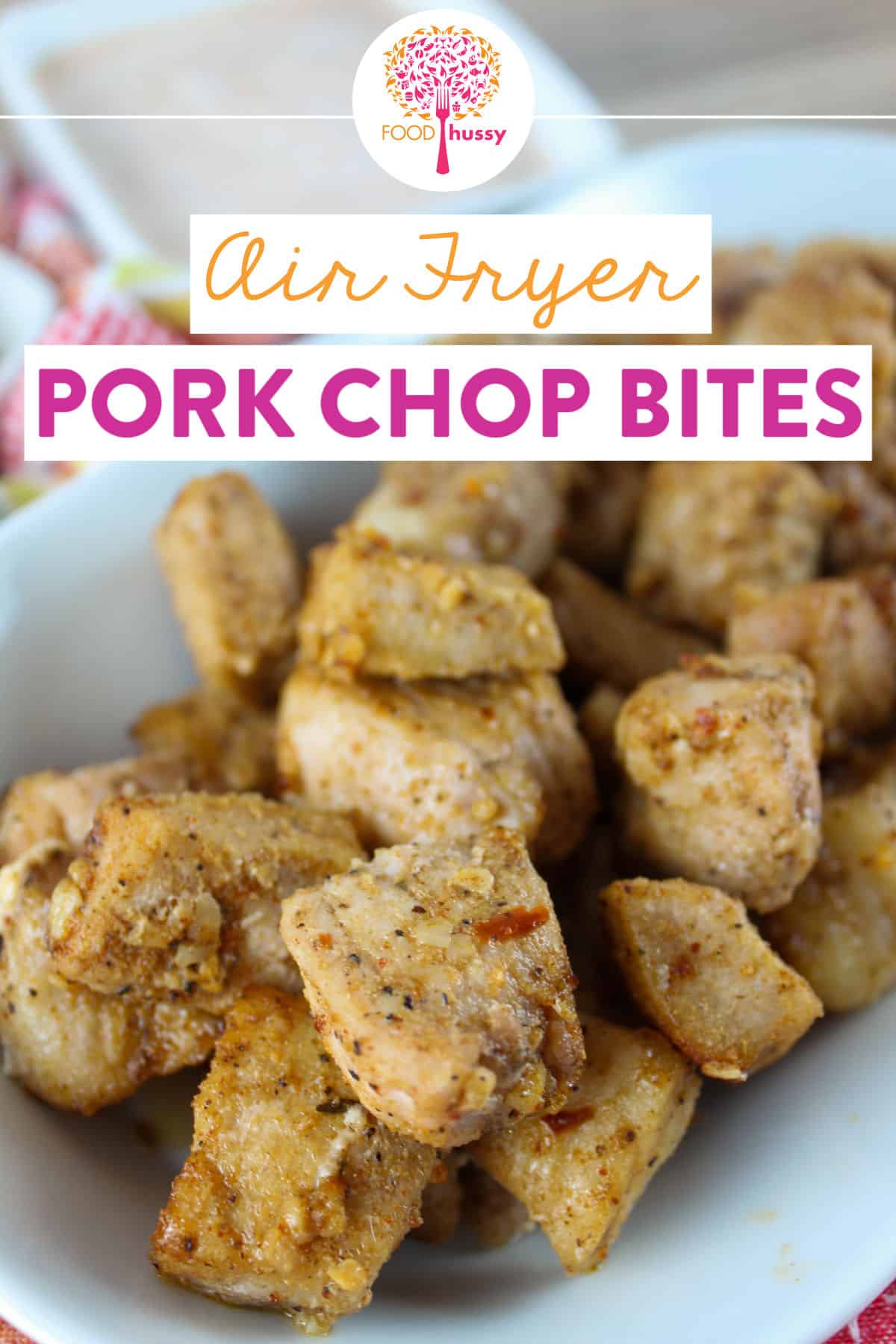 These Air Fryer Pork Chop Bites are juicy and tender! Spicy sweet flavors mix together and then finish it off with a salsa cream dipping sauce. The best part - it's done in 7 minutes of cooking time! via @foodhussy