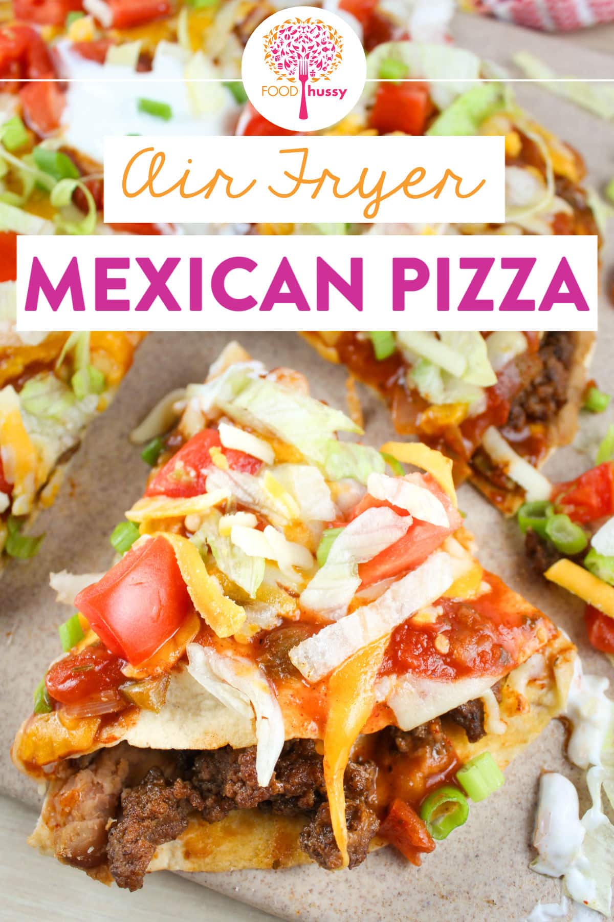 Air Fryer Mexican Pizza is a simple and new way to enjoy taco night with the family! Load those tortillas with seasoned ground beef, refried beans, cheese, sauce and tomatoes - then into the air fryer they go! via @foodhussy