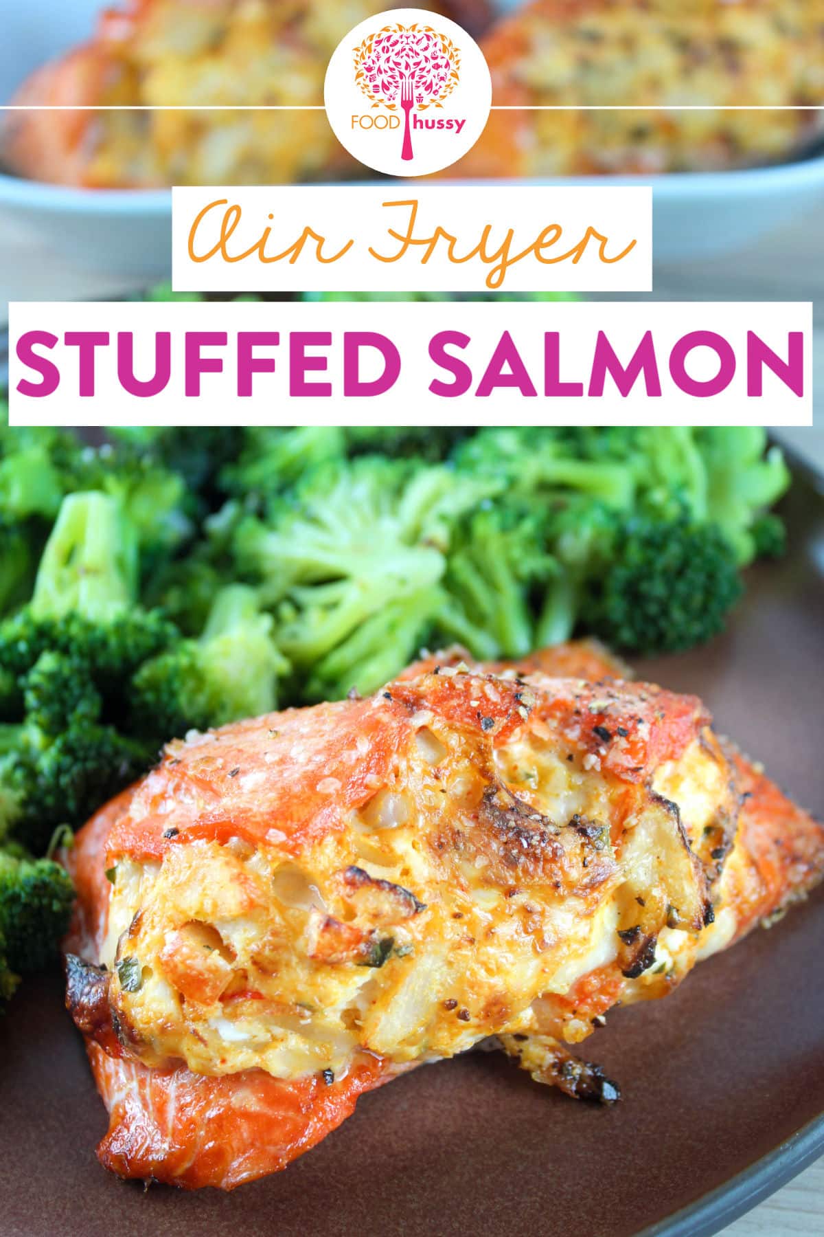 Stuffed Salmon in the Air Fryer is a delicious, healthy and FAST dinner you can make any night of the week! This delicious salmon is stuffed with cream cheese, cheese, crab, dijon mustard and my favorite seasonings! via @foodhussy