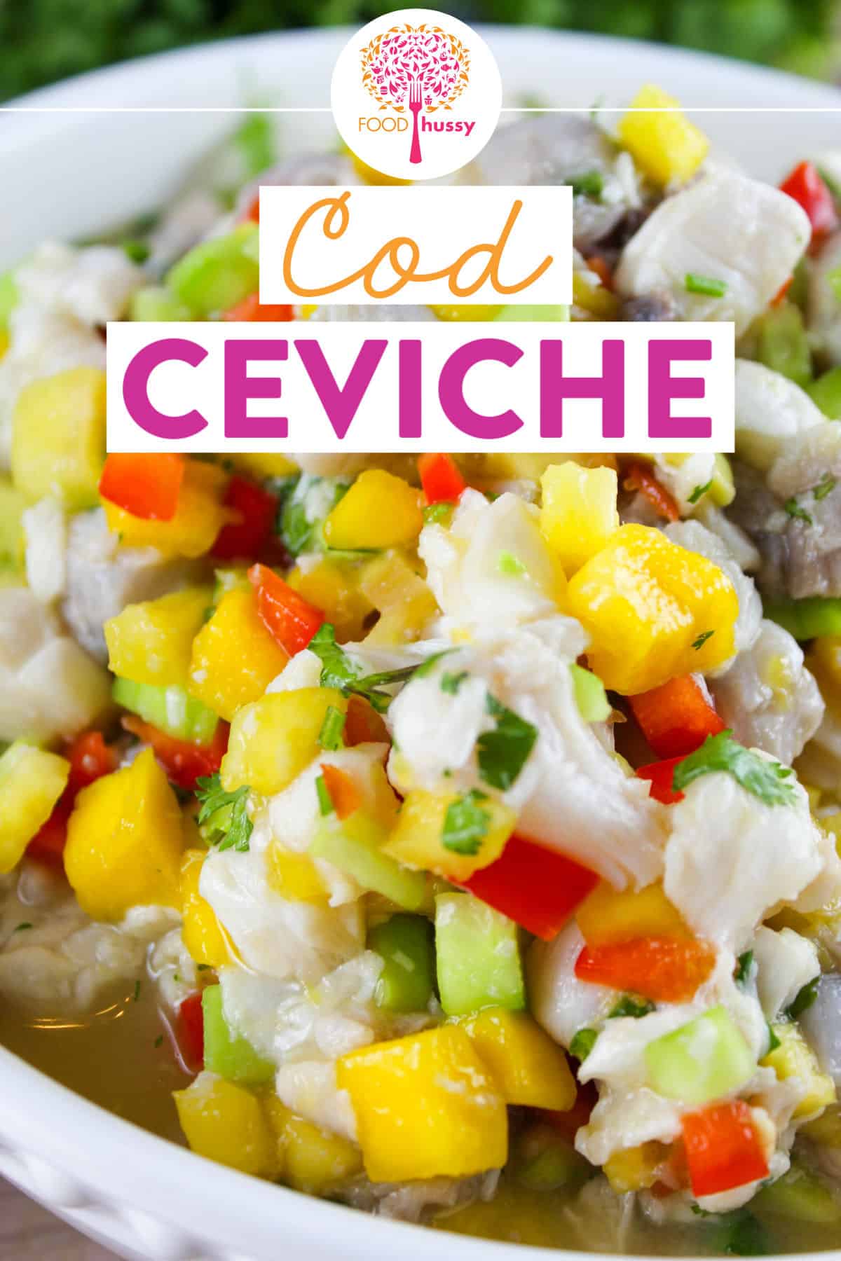 This Cod Ceviche recipe is great as an appetizer or a very healthy main course! There's fresh cod (& mackarel) as well as crunch, creamy, spicy & sweet additions to make it a delicious dish!  via @foodhussy