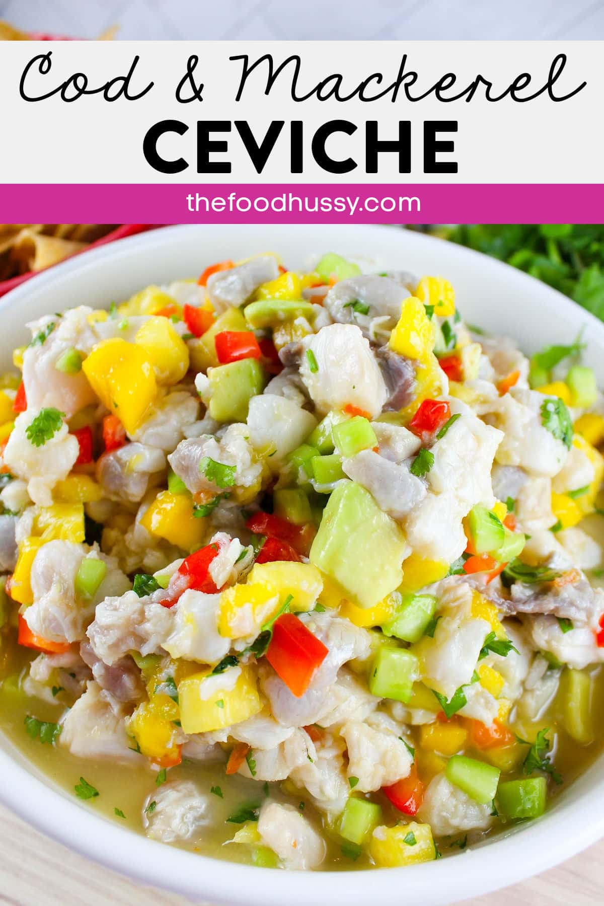 This Cod Ceviche recipe is great as an appetizer or a very healthy main course! There's fresh cod (& mackarel) as well as crunch, creamy, spicy & sweet additions to make it a delicious dish!  via @foodhussy