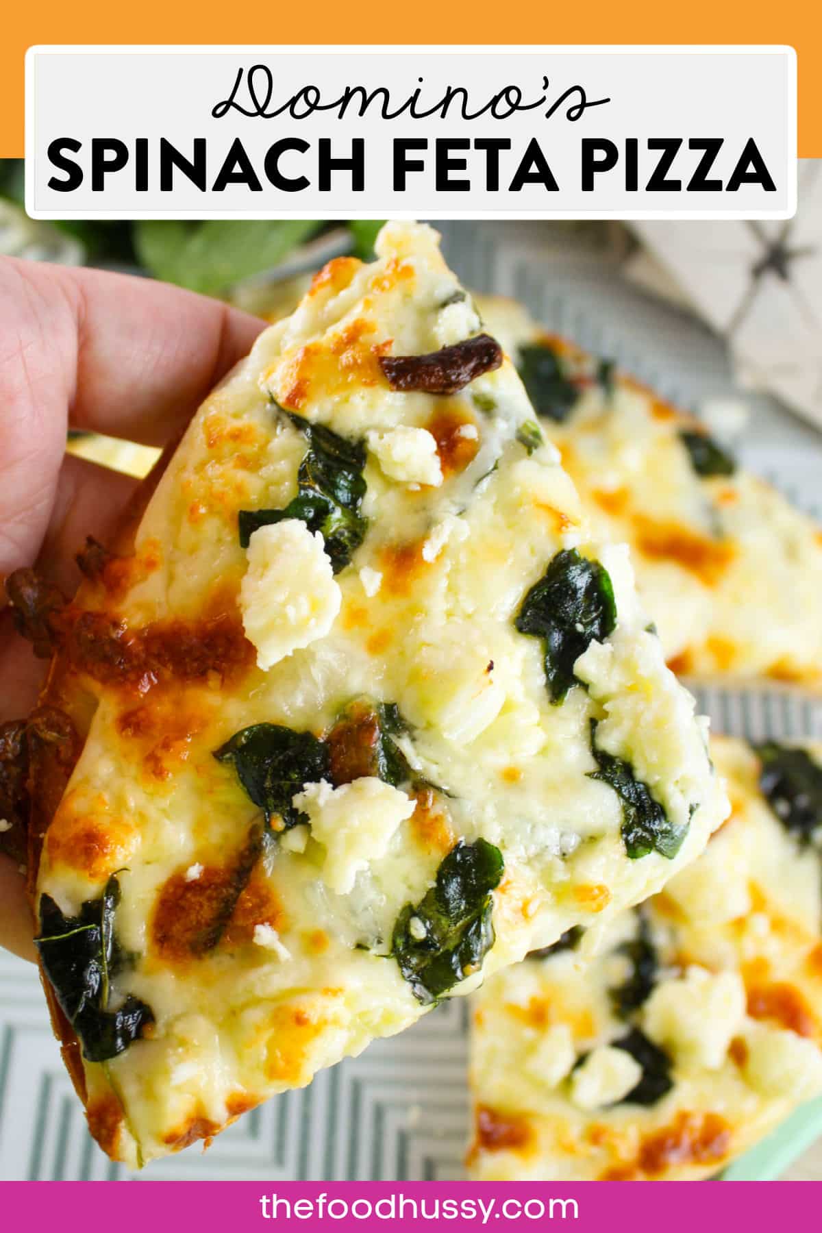 This easy copycat recipe for Domino's Spinach & Feta Pizza will be your new Meatless Monday favorite! This thin crust pizza is loaded with 3 kinds of cheese and fresh spinach and crunchy onions. via @foodhussy