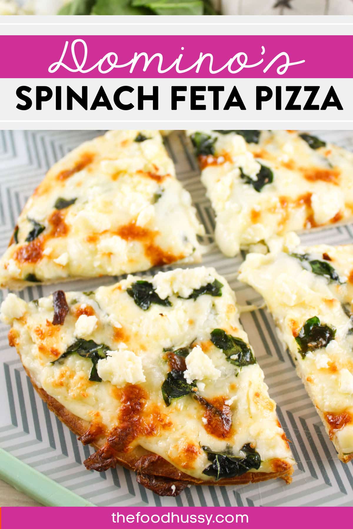 This easy copycat recipe for Domino's Spinach & Feta Pizza will be your new Meatless Monday favorite! This thin crust pizza is loaded with 3 kinds of cheese and fresh spinach and crunchy onions. via @foodhussy