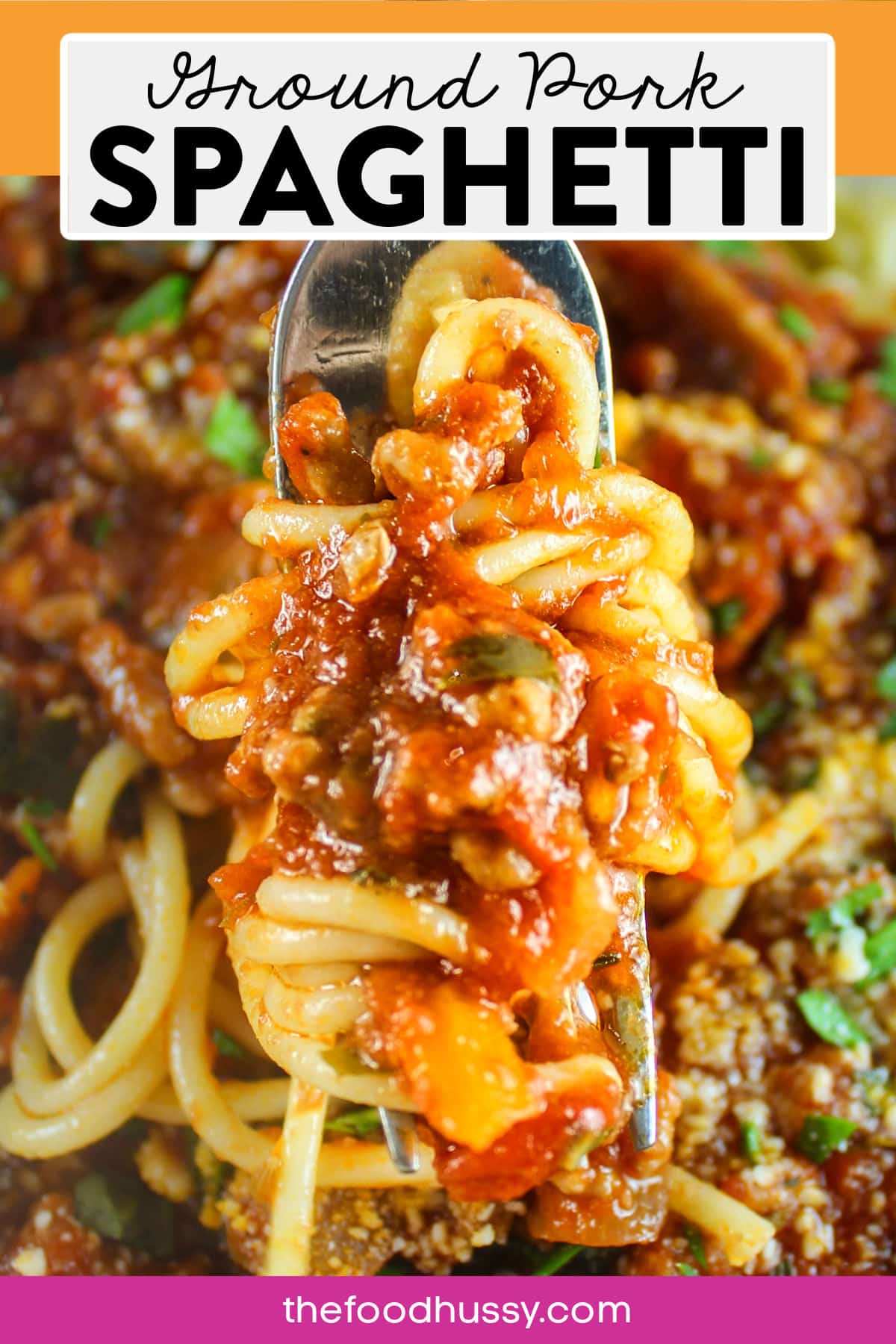 This Ground Pork Spaghetti will remind you of a rich bolognese sauce at a fancy Italian restaurant - but you'll know you made it at home and it's easy!!! Full of chunky veggies, affordable ground pork and delicious San Marzano tomatoes! via @foodhussy