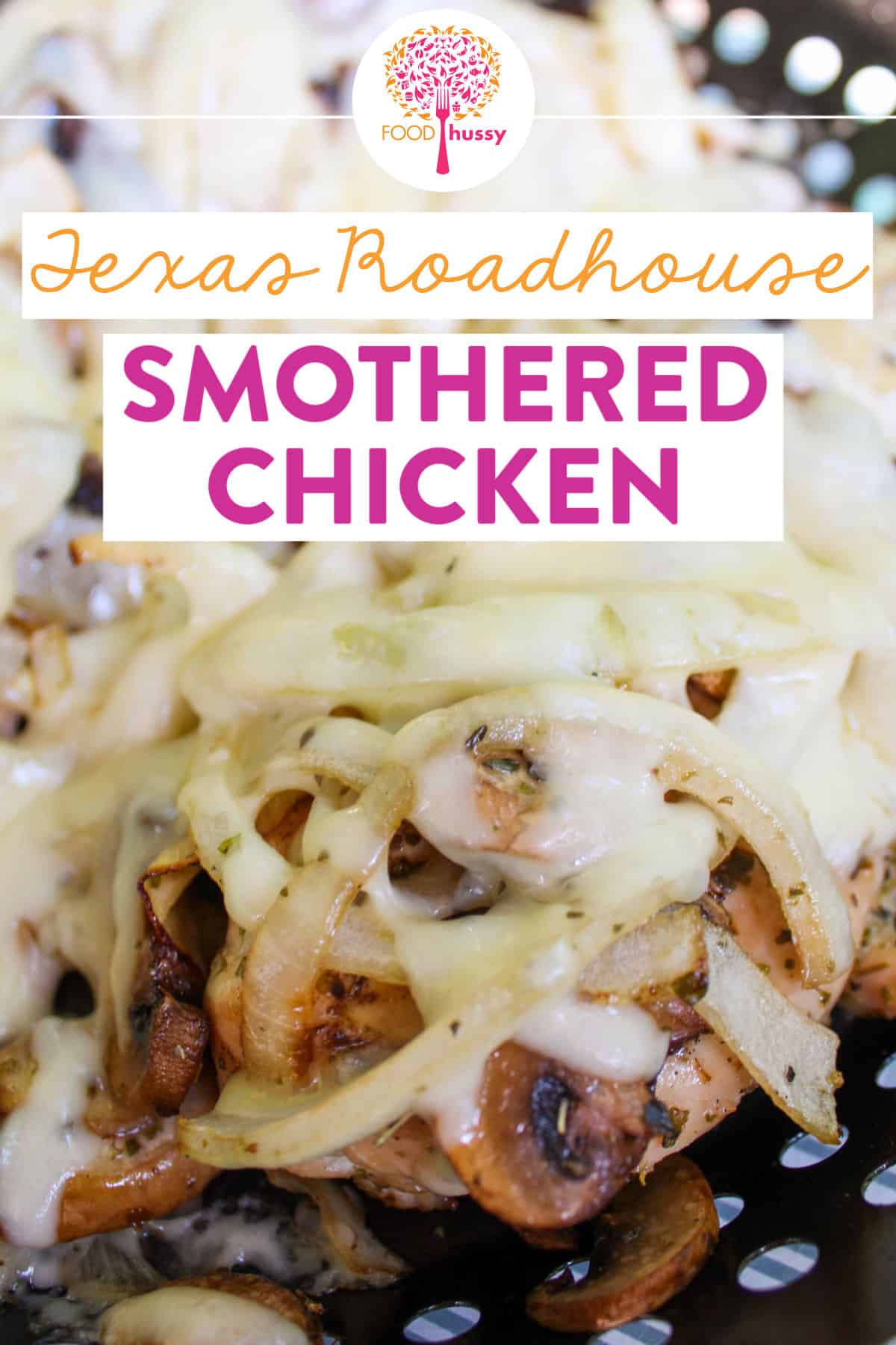 Texas Roadhouse Smothered Chicken is tender and juicy - then it's cheesy too! Layered with sautéed mushrooms & onions and melty jack cheese. It's my favorite chicken dish on the menu - and you can easily make it at home and it will taste even better! via @foodhussy