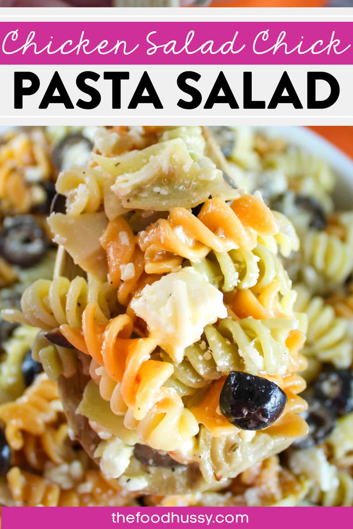 Chicken Salad Chick Pasta Salad is an easy-to-make, potluck-perfect pasta salad! Tri-color rotini pasta tossed with Italian dressing, feta & parmesan cheese, black olives & artichoke hearts. via @foodhussy