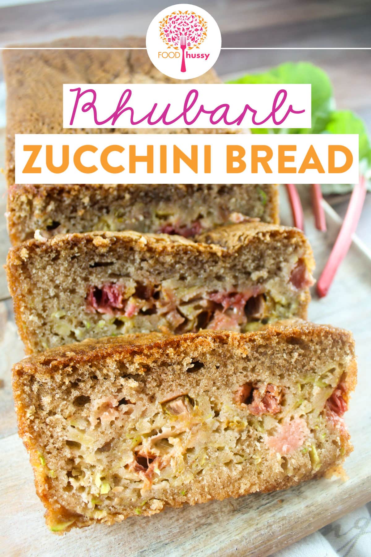 Rhubarb Zucchini Bread is a delicious sweet & tart quick bread that takes less than 10 minutes to get in the oven! This super moist bread has a touch of fall flavors with cinnamon and nutmeg as well.  via @foodhussy