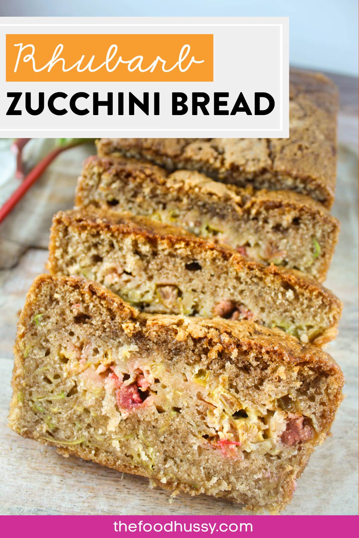 Rhubarb Zucchini Bread is a delicious sweet & tart quick bread that takes less than 10 minutes to get in the oven! This super moist bread has a touch of fall flavors with cinnamon and nutmeg as well.  via @foodhussy