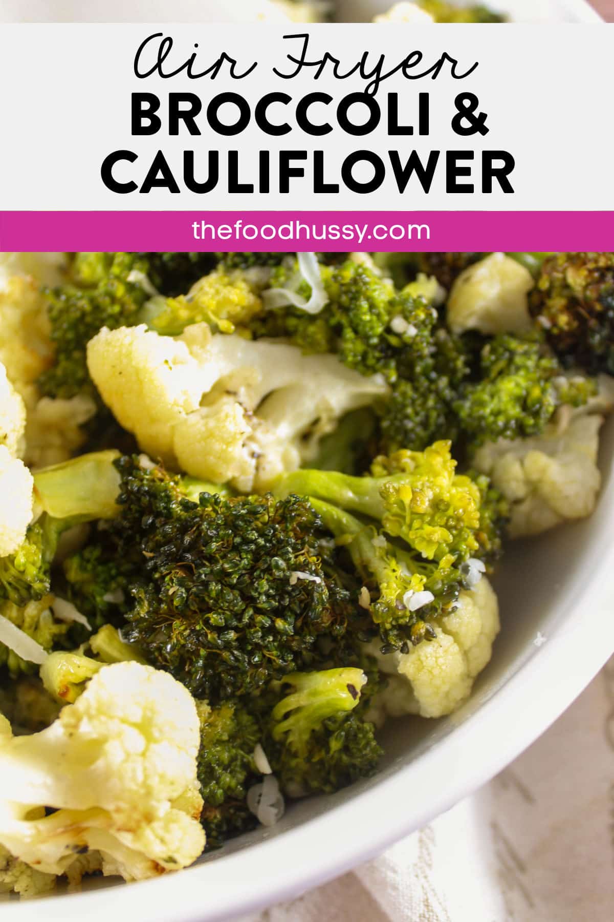 Air Fryer Broccoli & Cauliflower gets you delicious roasted vegetables with a little crunch and just as tender as the oven in half the time! Plus - you keep all the nutrition in your veggies!  via @foodhussy