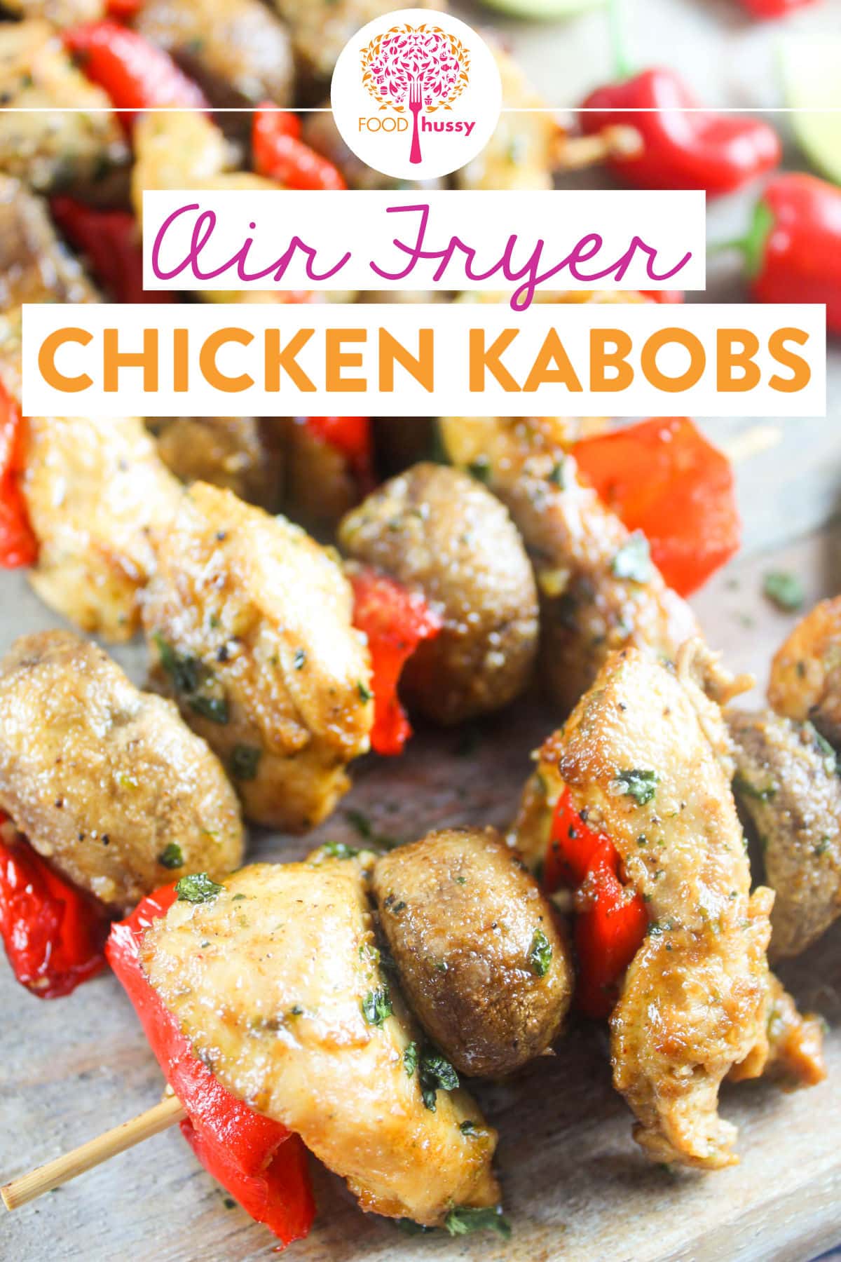 Chicken Kabobs in the Air Fryer are so easy! These are marinated in a delicious spicy citrus marinade and then basted with a seasoned butter glaze. It's juicy chicken you'll love!  via @foodhussy