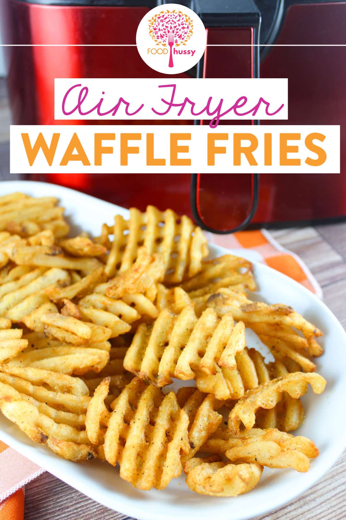 Air Fryer Waffle Fries make a great side dish, snack or appetizer! Serve alongside your favorite burger or make them into bacon ranch cheese fries for homemade loaded fries! via @foodhussy
