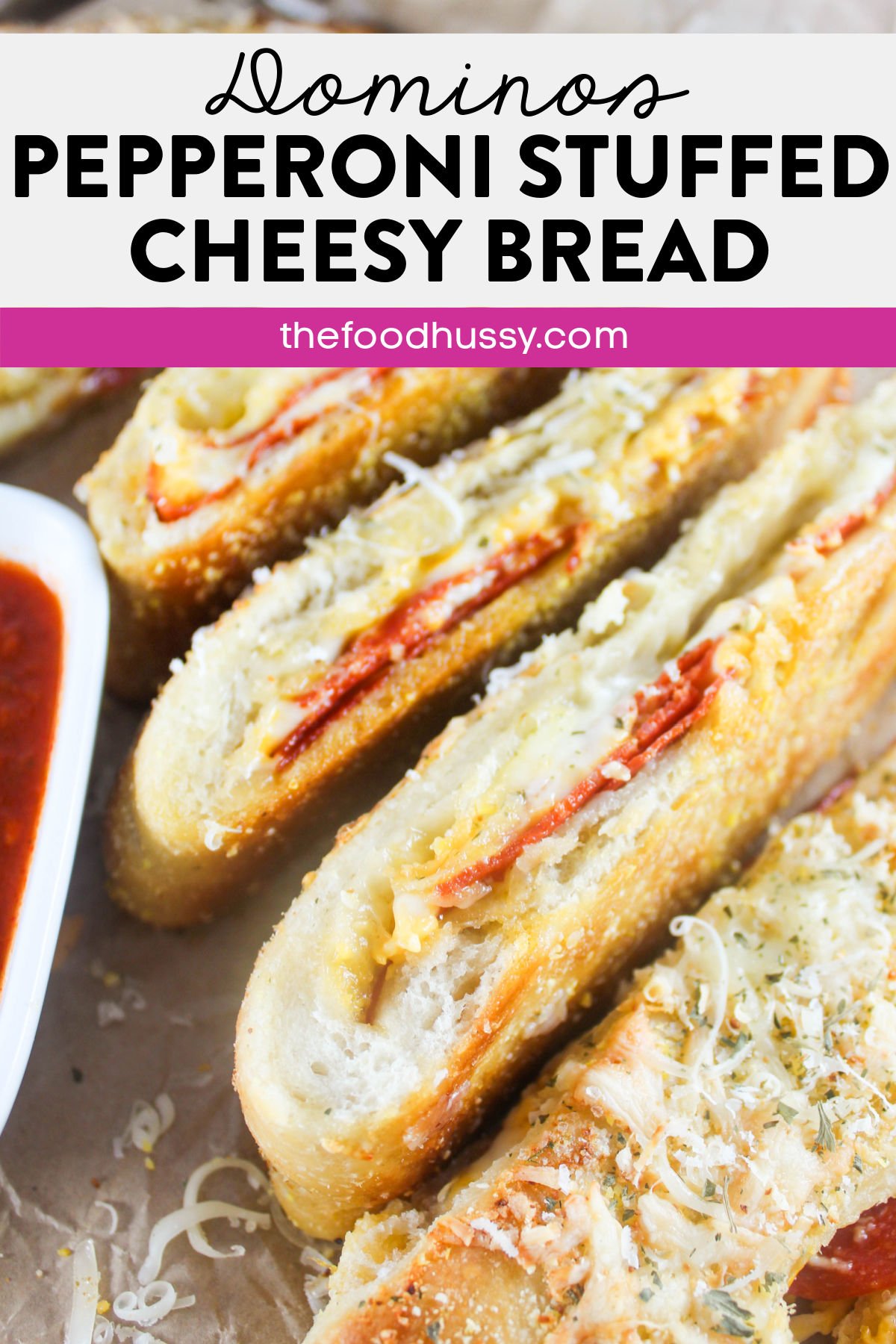 Domino's new Pepperoni Stuffed Cheesy Bread takes all the best parts of pepperoni pizza and turns them into a snackable breadstick! Dip them in garlic sauce and marinara sauce and you will have a happy happy family! via @foodhussy