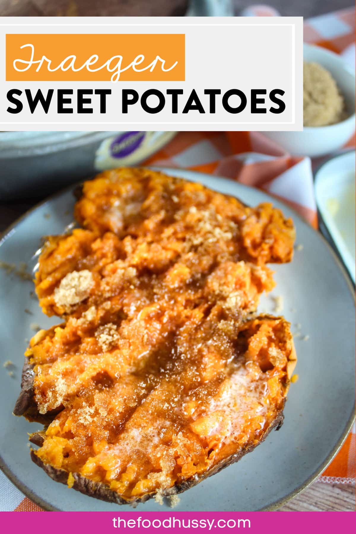 Traeger Sweet Potatoes are so delicious - that fluffy orange inside drenched in butter and brown sugar - with just a touch of smoky flavor! These taters are the perfect side dish for ribs, chicken and more! via @foodhussy
