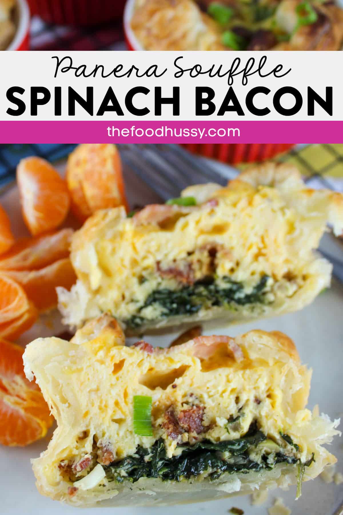 Panera Bread is known for their bagels - but this Panera Bacon and Spinach Souffle is my favorite breakfast item! Filled with sauteed onion and spinach, smoky bacon and three cheeses mixed with eggs for a delicious breakfast treat! via @foodhussy