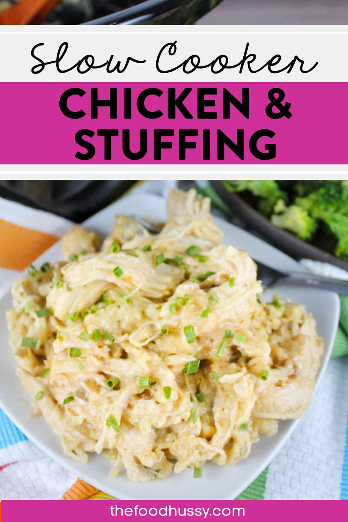 Four Ingredient Slow Cooker Chicken & Stuffing is a great meal for any busy weeknight. One of those set it and forget it meals with shredded chicken, stuffing and a creamy delicious gravy!   via @foodhussy