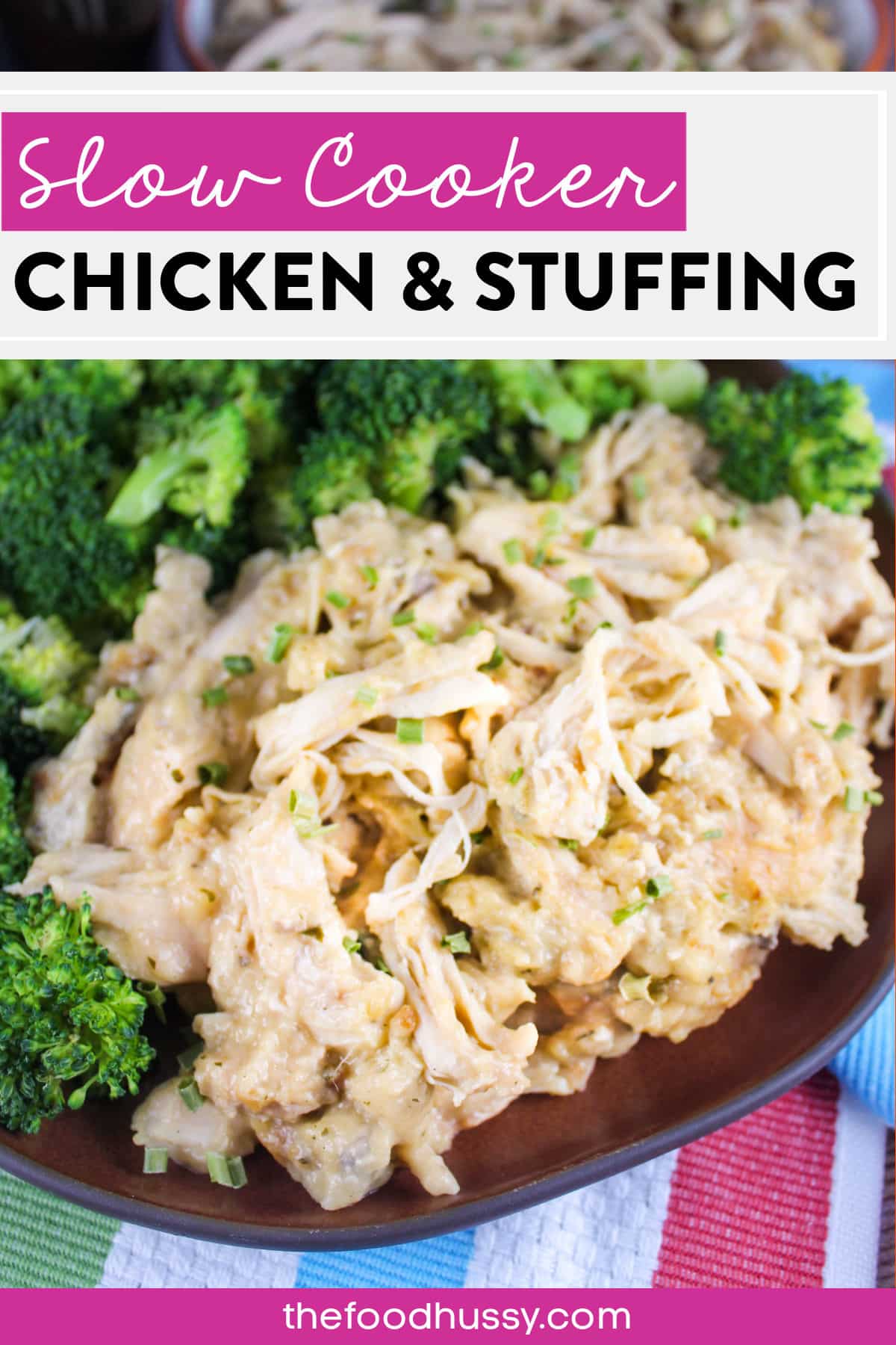 Four Ingredient Slow Cooker Chicken & Stuffing is a great meal for any busy weeknight. One of those set it and forget it meals with shredded chicken, stuffing and a creamy delicious gravy!   via @foodhussy
