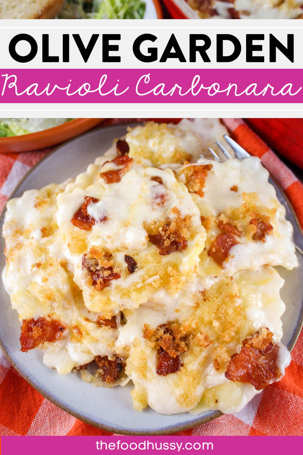 Olive Garden Ravioli Carbonara is a creamy and delicious dish! Loads of cheese ravioli coated in this delicious alfredo carbonara sauce topped with smoky bacon pieces, more cheese and a crunchy topping! via @foodhussy