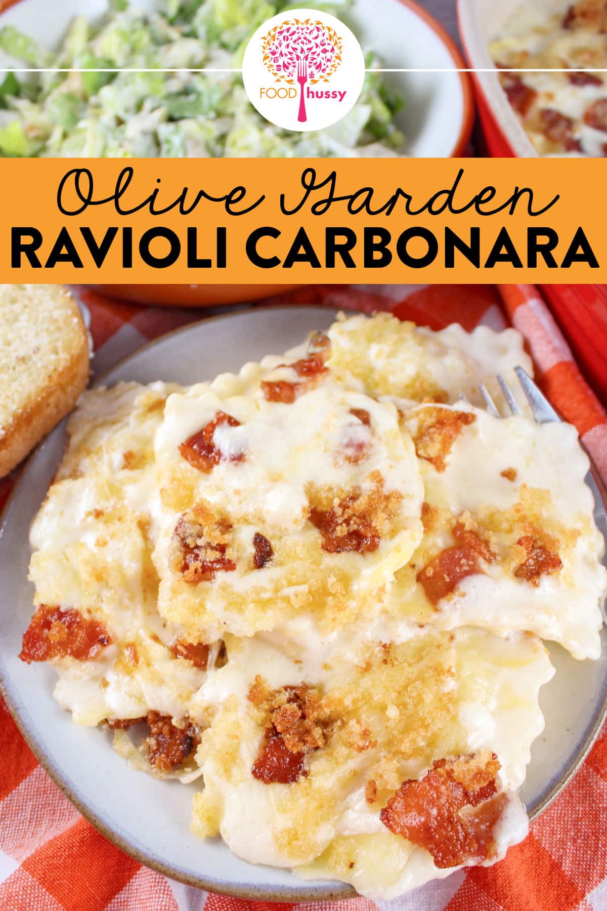 Olive Garden Ravioli Carbonara is a creamy and delicious dish! Loads of cheese ravioli coated in this delicious alfredo carbonara sauce topped with smoky bacon pieces, more cheese and a crunchy topping! via @foodhussy
