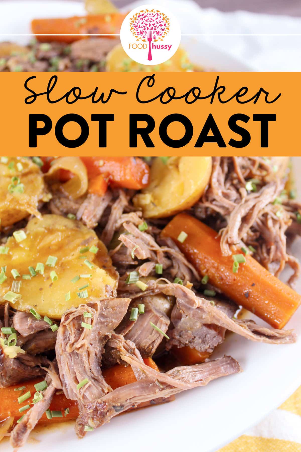 This Slow Cooker Beef Sirloin Tip Roast is the fall apart pot roast you'll remember from your mom's kitchen! Tender shredded beef with carrots, potatoes and a rich au jus sauce will have the entire family at the dinner table - forks in hand! via @foodhussy