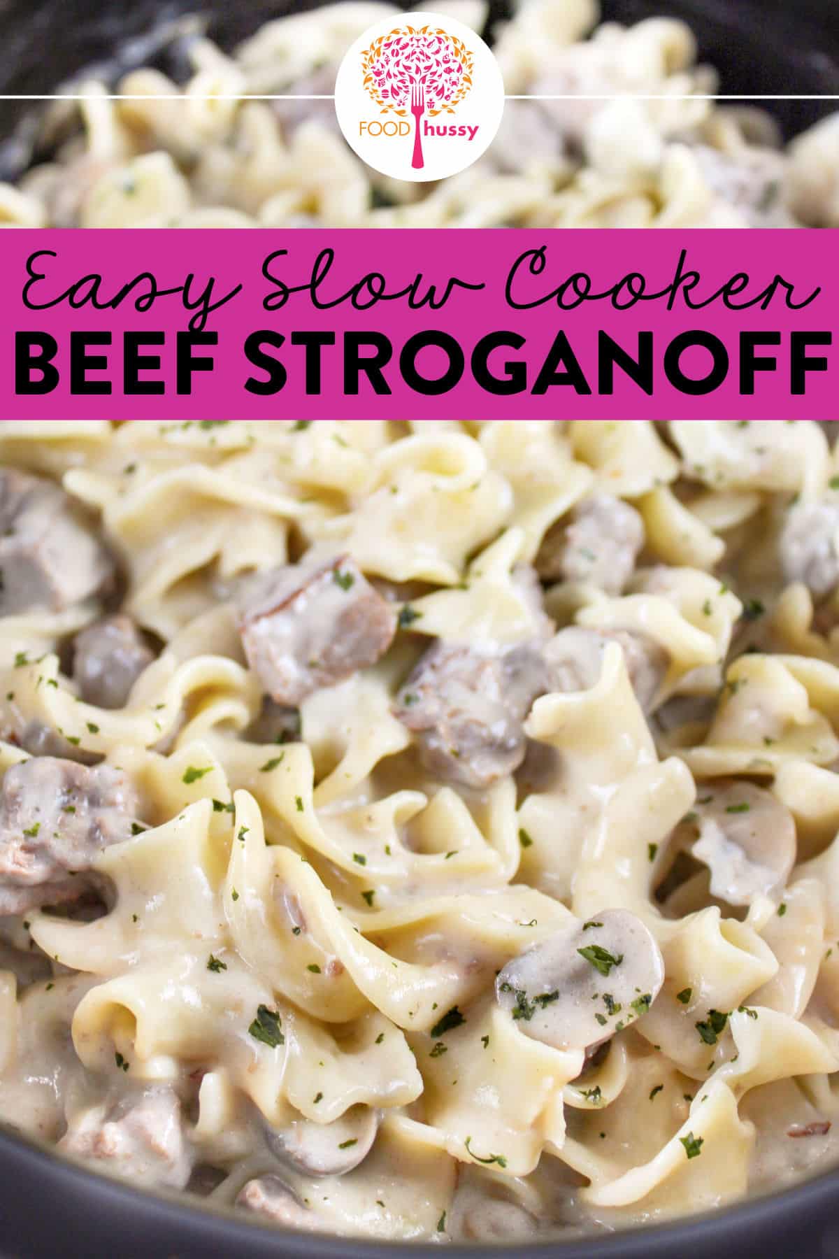 This 5 Ingredient Crock Pot Beef Stroganoff combines tender beef chunks, sliced mushrooms and a rich sour cream sauce to make a simple and delicious dinner! Serve over egg noodles or rice and enjoy!  via @foodhussy
