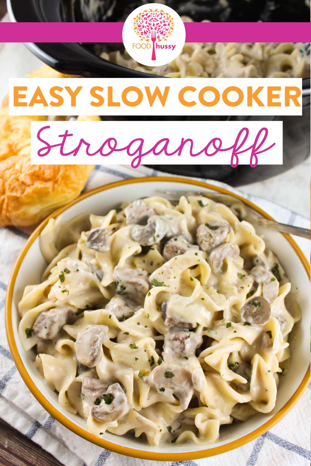 This 5 Ingredient Crock Pot Beef Stroganoff combines tender beef chunks, sliced mushrooms and a rich sour cream sauce to make a simple and delicious dinner! Serve over egg noodles or rice and enjoy!  via @foodhussy