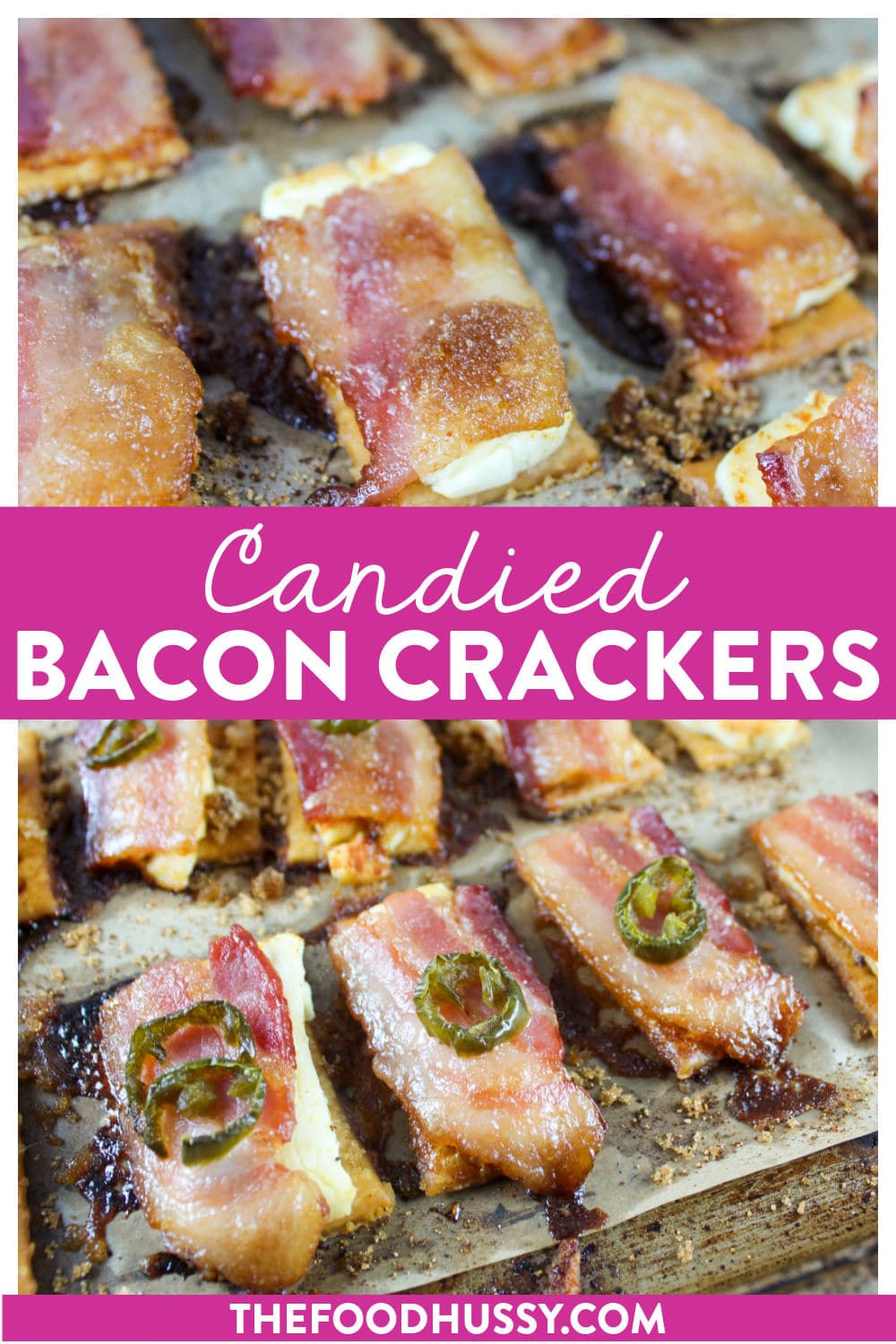 These Candied Bacon Crackers are a delicious appetizer for holidays, game days or any party! Crackers layered with cream cheese, thick cut bacon, bbq seasoning and brown sugar for the perfect bite of savory & sweet snack! via @foodhussy