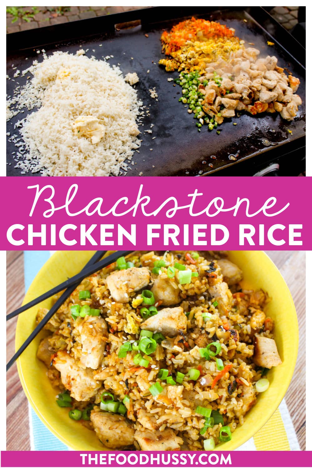 Chicken Fried Rice on the Blackstone is a complete meal that is ready in under 30 minutes from start to finish! Sautéed carrots & onions, juicy chicken and crispy fried rice in a delicious stir fry sauce make your back yard just like one of your favorite hibachi restaurants!
 via @foodhussy