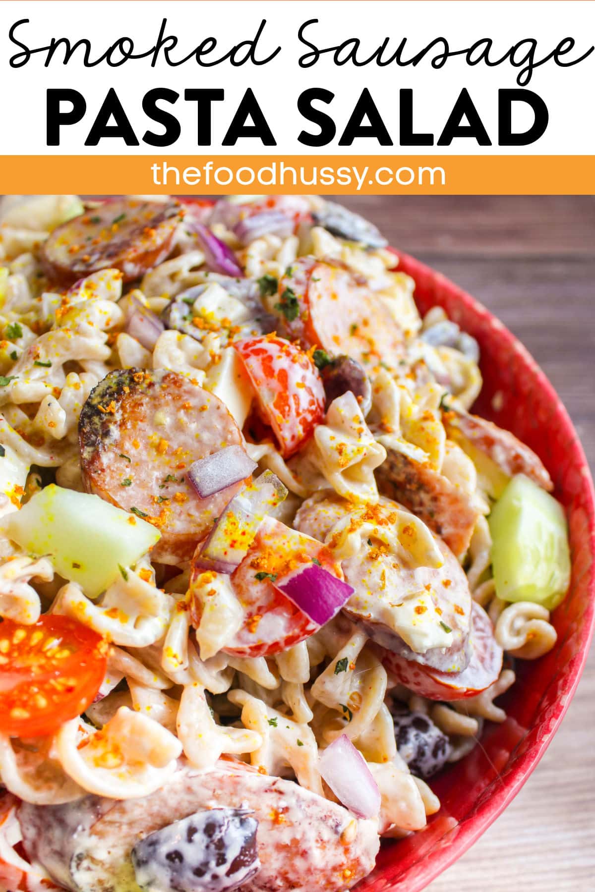 Sausage Pasta Salad is a perfect side dish for your potlucks or picnics! Loaded with Mediterranean favorites like fresh mozzarella, Kalamata olives, cucumbers and thick chunks of smoked sausage! via @foodhussy