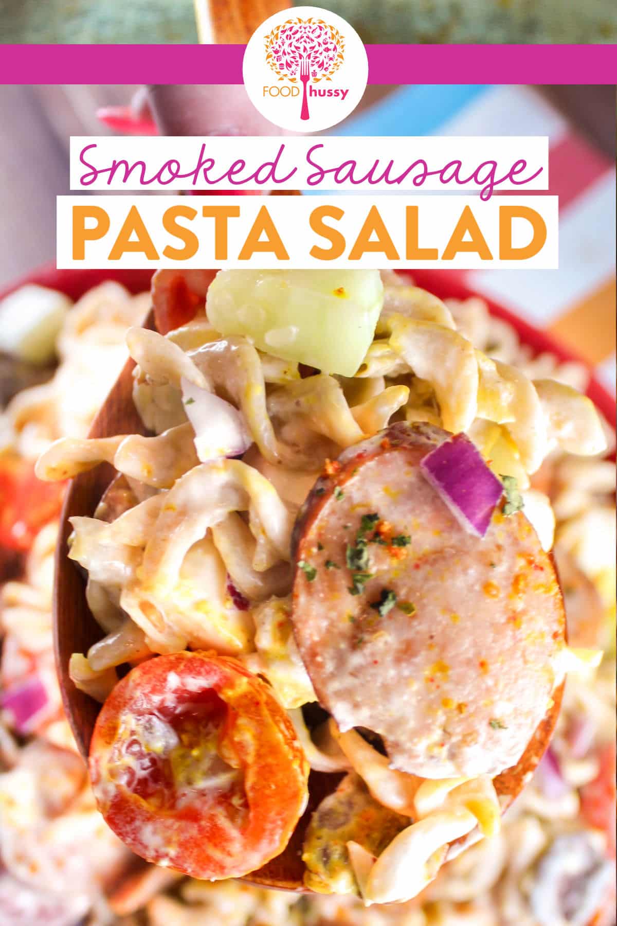 Sausage Pasta Salad is a perfect side dish for your potlucks or picnics! Loaded with Mediterranean favorites like fresh mozzarella, Kalamata olives, cucumbers and thick chunks of smoked sausage! via @foodhussy