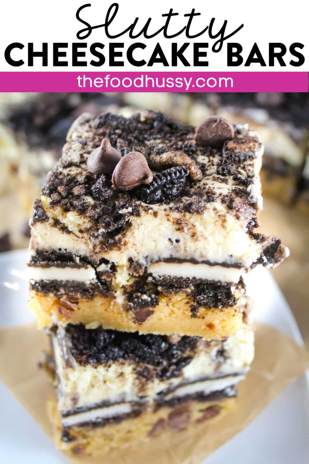 These Slutty Cheesecake Bars will have you thinking THOUGHTS about cheesecake! A homemade chocolate chip cookie bottom topped with Double Stuff Oreos and then topped with a light and creamy cheesecake. These bars are WOW!  via @foodhussy