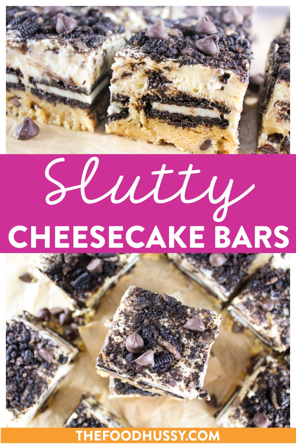 These Slutty Cheesecake Bars will have you thinking THOUGHTS about cheesecake! A homemade chocolate chip cookie bottom topped with Double Stuff Oreos and then topped with a light and creamy cheesecake. These bars are WOW!  via @foodhussy