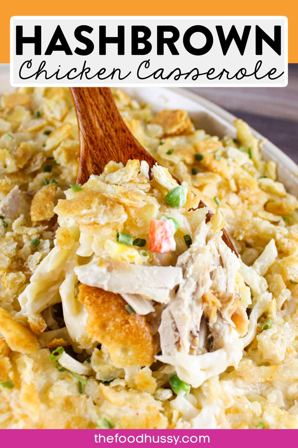 Chicken and Hashbrown Casserole is a delicious comfort food casserole with all the flavor of a pot pie in a casserole! Juicy rotisserie chicken makes it a snap to put together! via @foodhussy