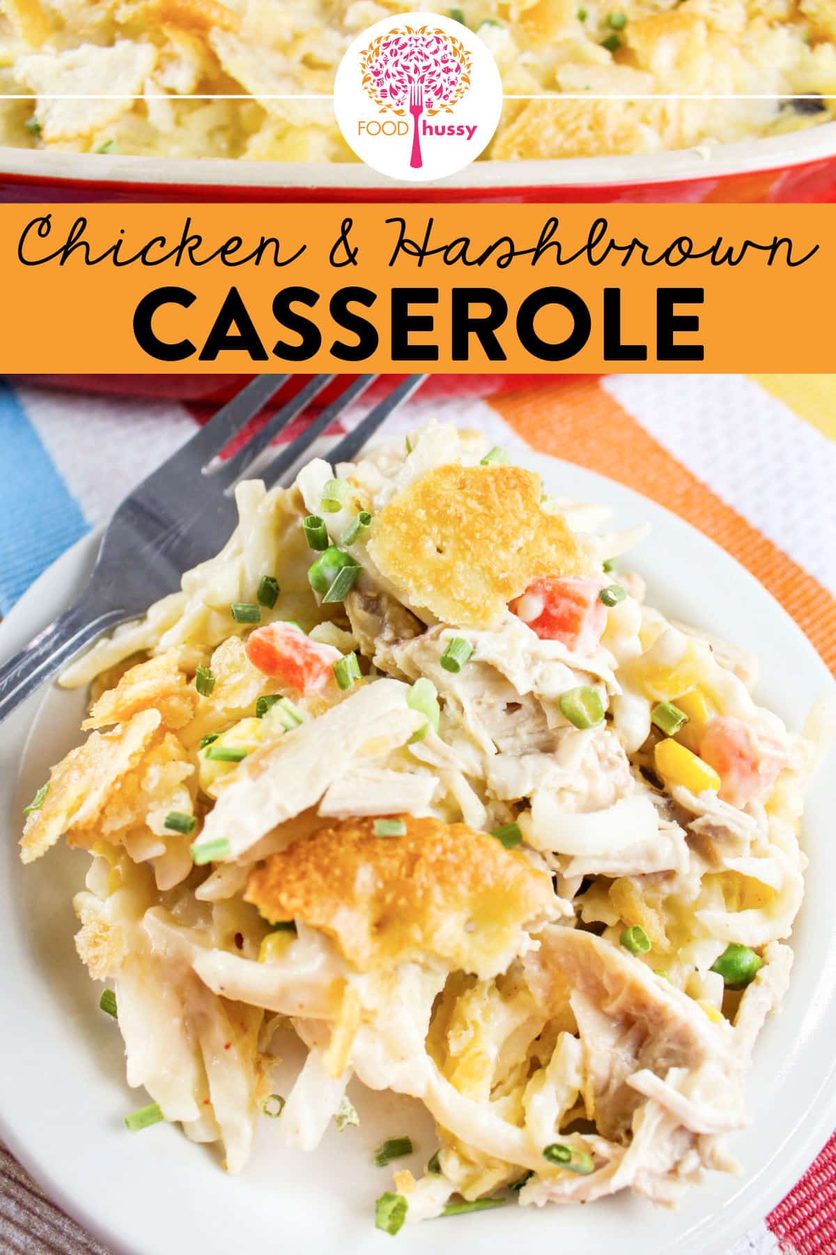 Chicken and Hashbrown Casserole is a delicious comfort food casserole with all the flavor of a pot pie in a casserole! Juicy rotisserie chicken makes it a snap to put together! via @foodhussy