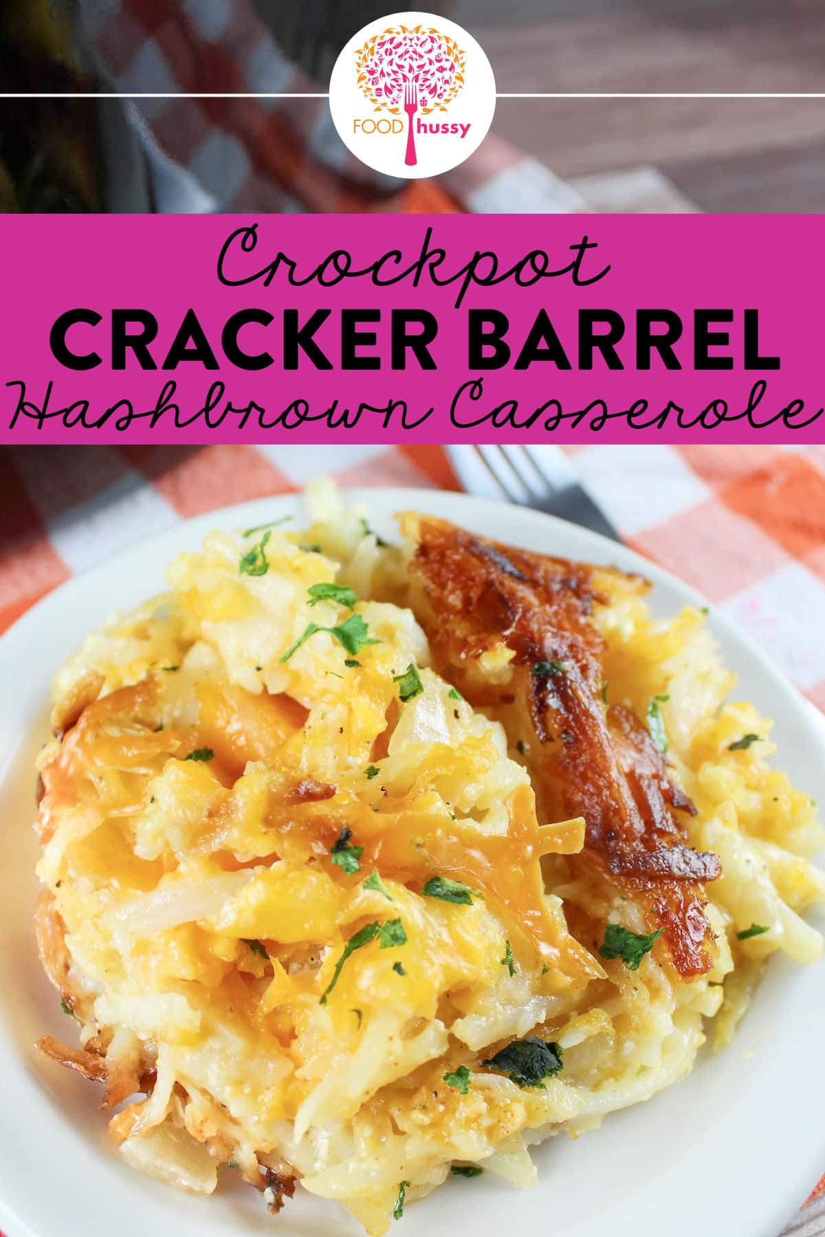 Making Cracker Barrel Hashbrown Casserole in a crock pot is simple and delicious! Layers of cheese, hashbrowns, diced onion and a light cream sauce all melted together for the perfect side dish. via @foodhussy