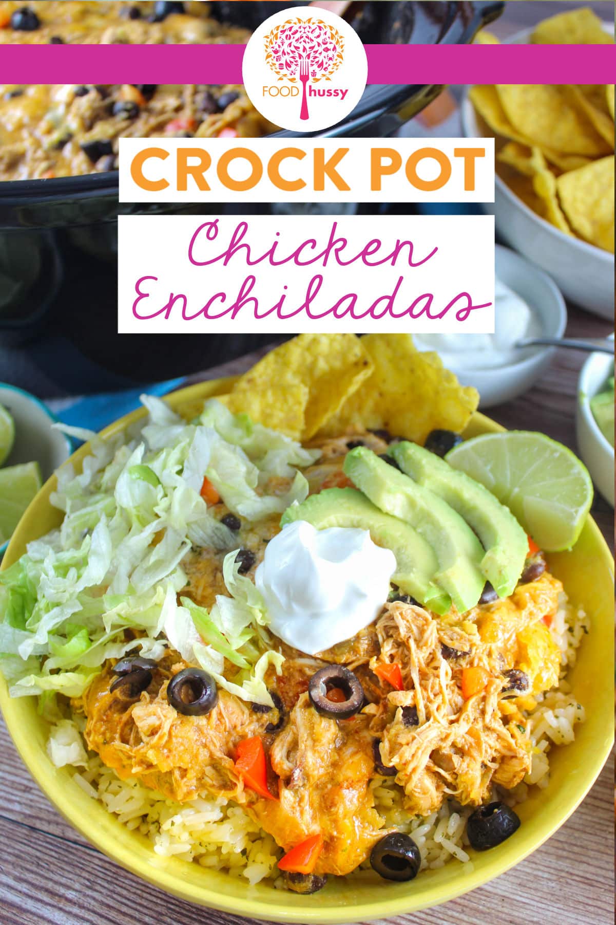 Crock-Pot Chicken Enchiladas are a flavorful dish that can serve a crowd! Loaded with all your favorites like shredded chicken, onion, bell pepper, green chiles, black beans and more! via @foodhussy