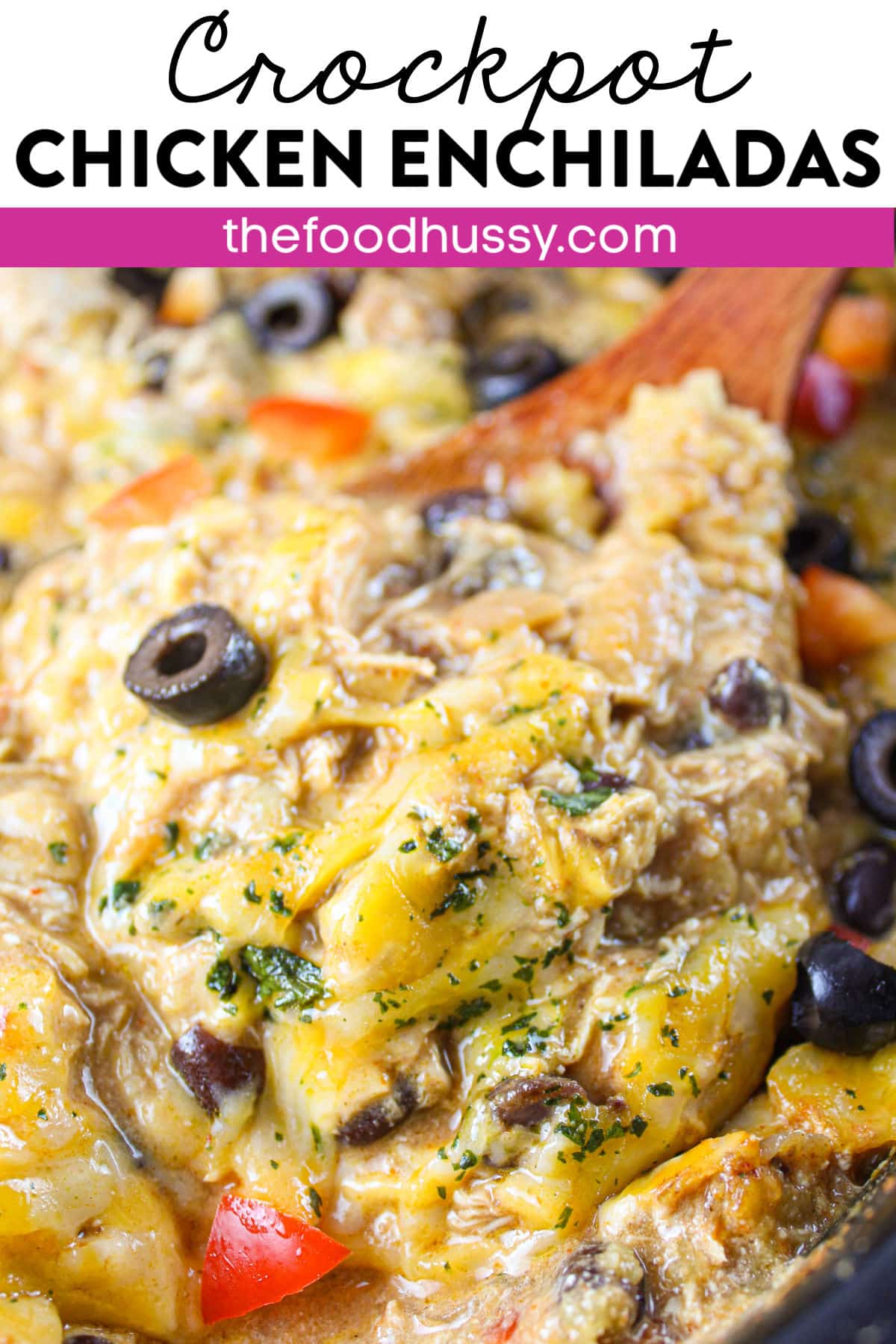 Crock-Pot Chicken Enchiladas are a flavorful dish that can serve a crowd! Loaded with all your favorites like shredded chicken, onion, bell pepper, green chiles, black beans and more! via @foodhussy