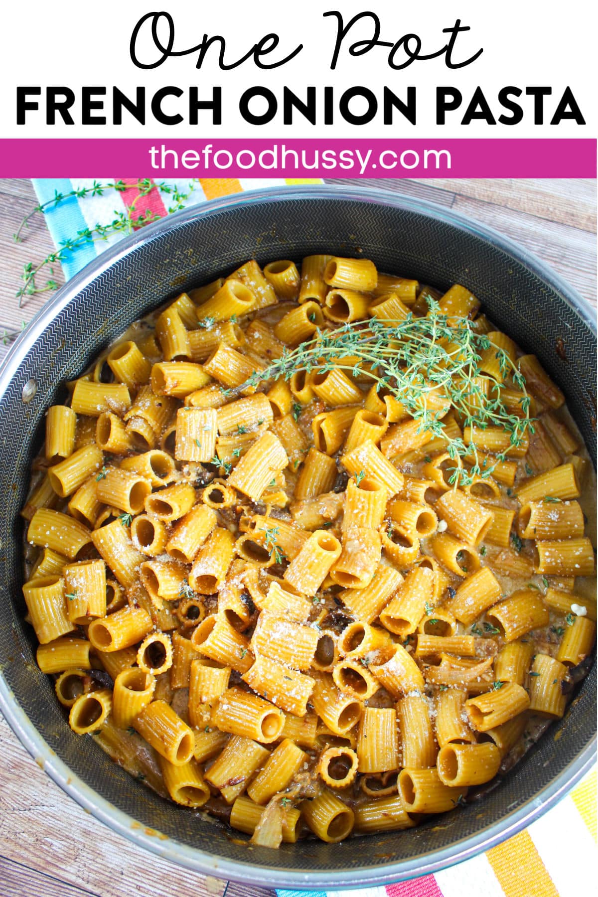 This rich and decadent One Pot French Onion Pasta is reminiscent of French Onion Soup with caramelized onions in a creamy beefy sauce. The addition of rigatoni pasta and mushrooms makes it a complete meal and one you'll love!  via @foodhussy