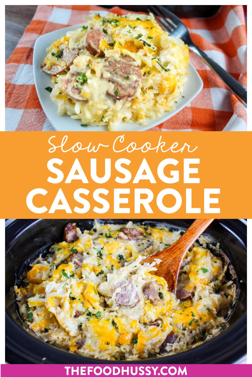 This Sausage Casserole in a Slow Cooker is so warm and comforting. Hash brown potatoes loaded up with sour cream, cheddar and pepper jack cheeses and lightly smoky sliced kielbasa.  via @foodhussy