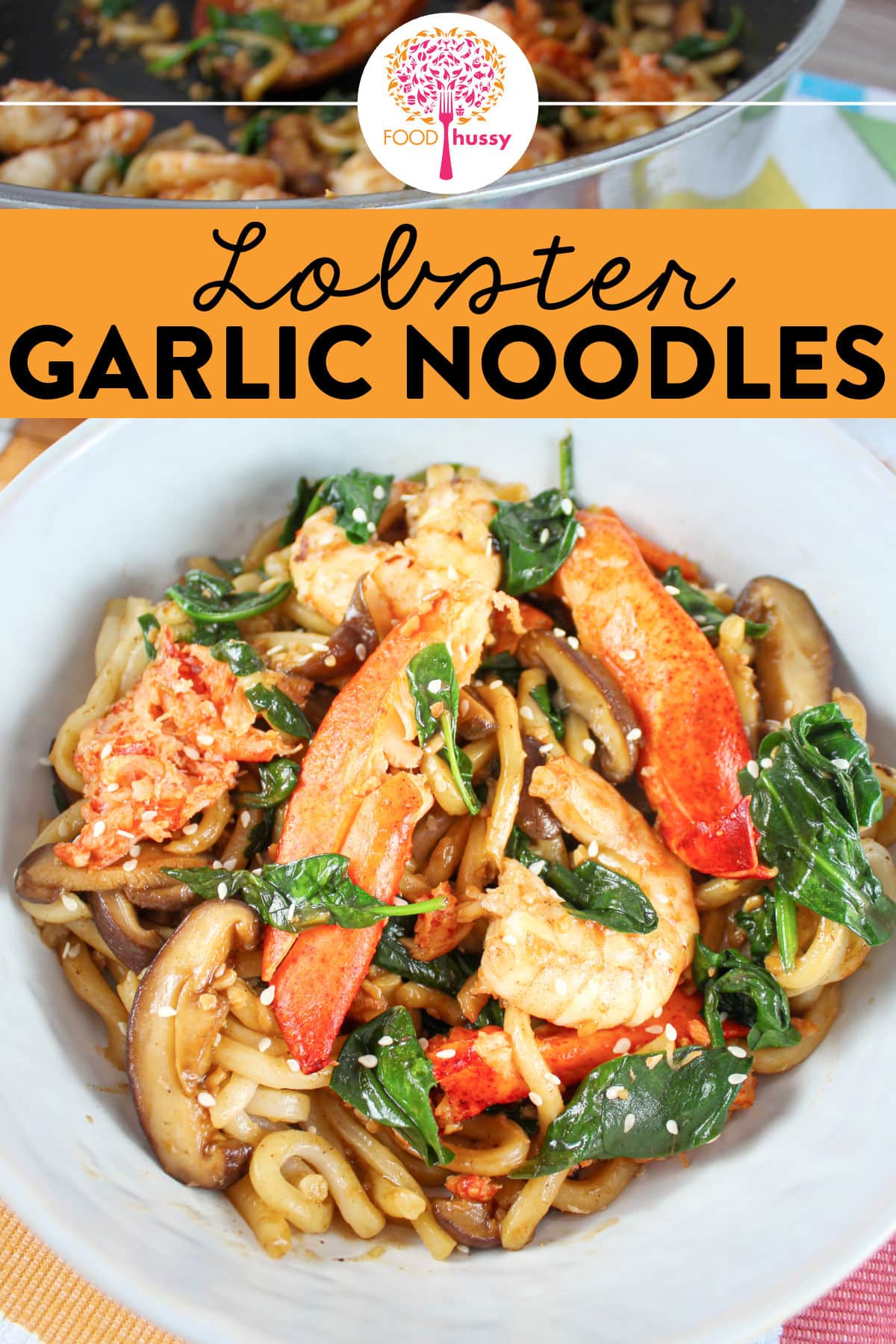 Yard House Garlic Lobster Noodles are a decadent and delicious dinner! Big chunks of lobster and seared shrimp tossed with shitake mushrooms, spinach and an easy stir fry sauce!  via @foodhussy