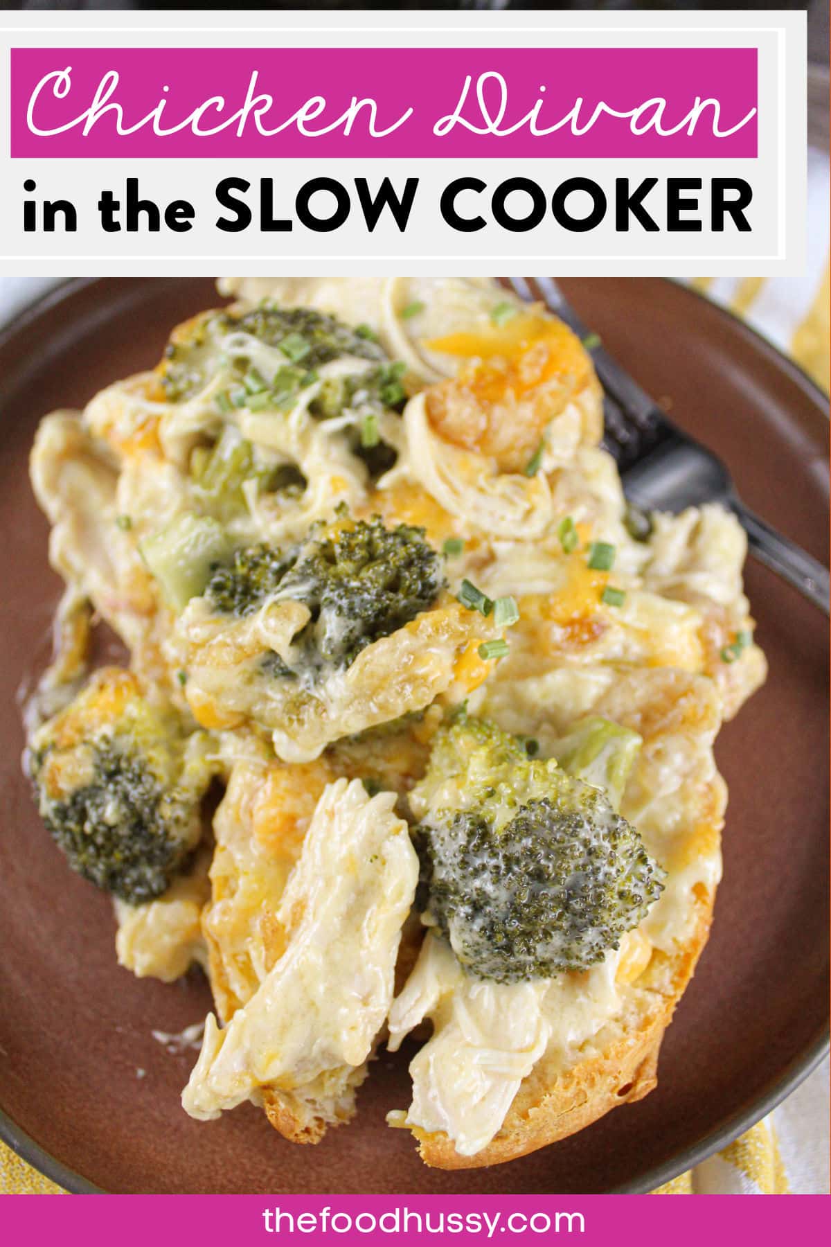 Chicken Divan in the Slow Cooker is a delicious comfort food casserole! Shredded chicken breast coated in a creamy gravy and topped with broccoli, cheese and a little crunch! This dish is the taste of home.  via @foodhussy
